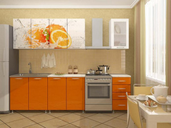 Кухонный гарнитур 1,6м Апельсин (Белый/Оранжевый металлик/Фотопечать апельсин) в Легостаево - legostaevo.mebel54.com | фото